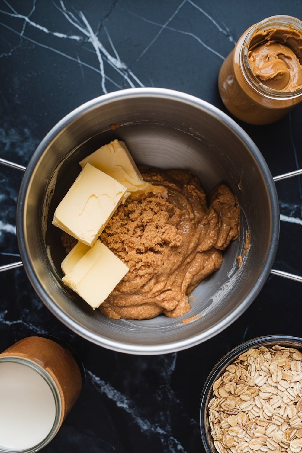 A single image showing a stainless steel pot on a black marble surface containing peanut butter, brown sugar, and butter, surrounded by jars of milk, oats, and peanut butter.