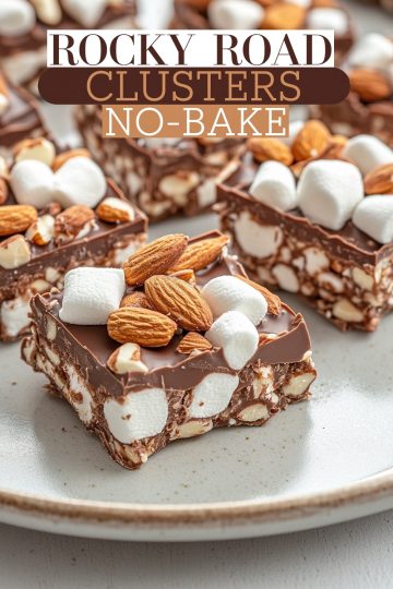Close-up of no-bake rocky road clusters on a beige plate, featuring a thick chocolate base topped with marshmallows and whole almonds, showcasing a rich, crunchy texture.