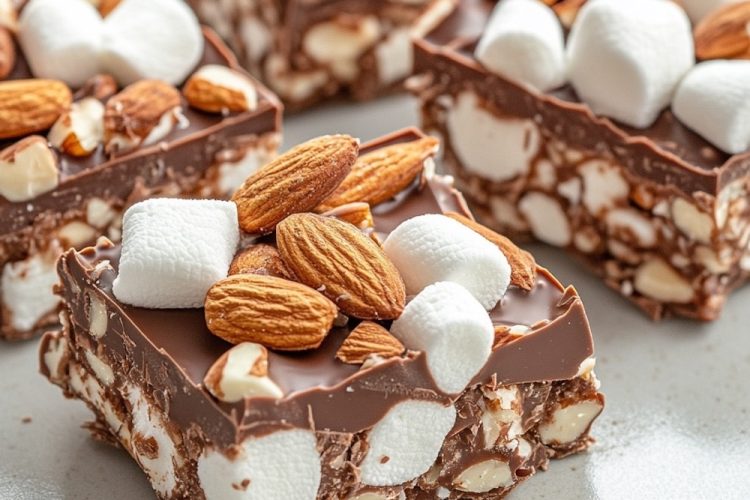Close-up of no-bake rocky road clusters on a beige plate, featuring a thick chocolate base topped with marshmallows and whole almonds, showcasing a rich, crunchy texture.