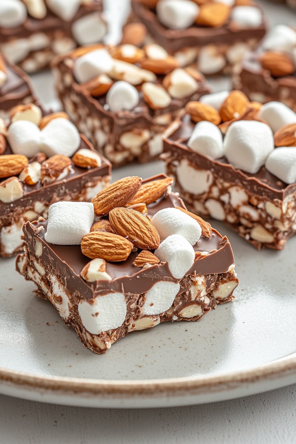 Rocky road chocolate squares with marshmallows and almonds scattered on parchment paper, highlighting a mix of soft and crunchy elements in the dessert.