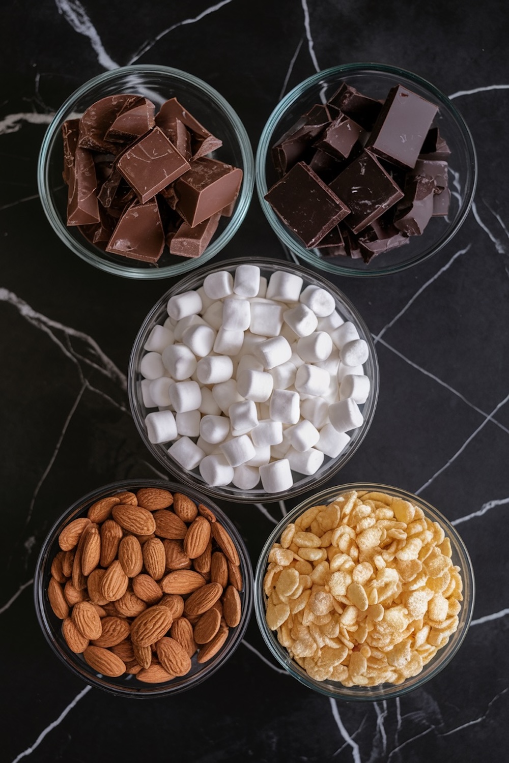 ix glass bowls arranged on a black marble surface containing chocolate chunks, marshmallows, almonds, and crispy cereal as ingredients for making rocky road clusters.