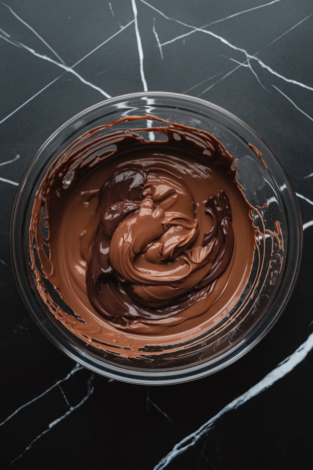 Bowl of smooth melted chocolate swirled together on a black marble surface, ready for combining with mix-ins for rocky road clusters.