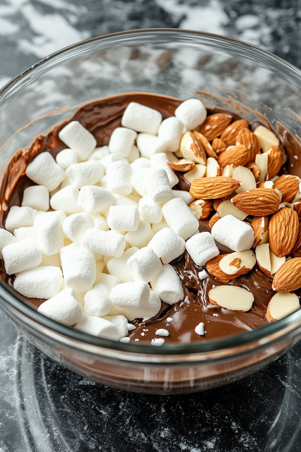 Mixing bowl filled with melted chocolate, mini marshmallows, whole almonds, and almond slices, captured during the preparation of rocky road no-bake treats.