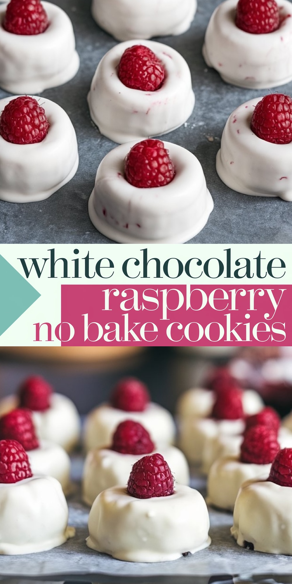 A vertical collage highlighting white chocolate raspberry thumbprint cookies. The top image shows a bitten cookie revealing its filling, while the bottom image focuses on multiple stacked cookies with fresh raspberry toppings.