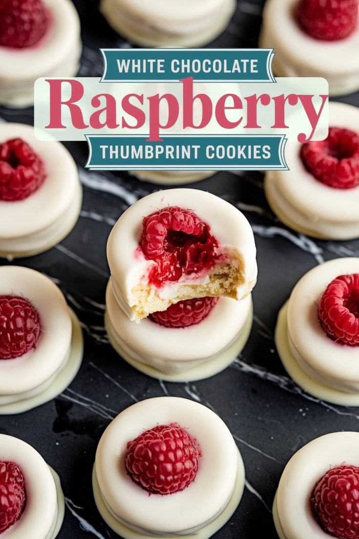 Close-up of white chocolate raspberry thumbprint cookies arranged on a black marble surface. The cookies are topped with fresh raspberries and coated in smooth white chocolate. One cookie has a bite taken out, revealing a soft, buttery interior.