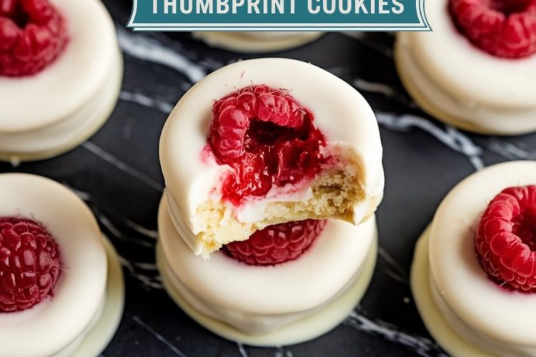 Close-up of white chocolate raspberry thumbprint cookies arranged on a black marble surface. The cookies are topped with fresh raspberries and coated in smooth white chocolate. One cookie has a bite taken out, revealing a soft, buttery interior.