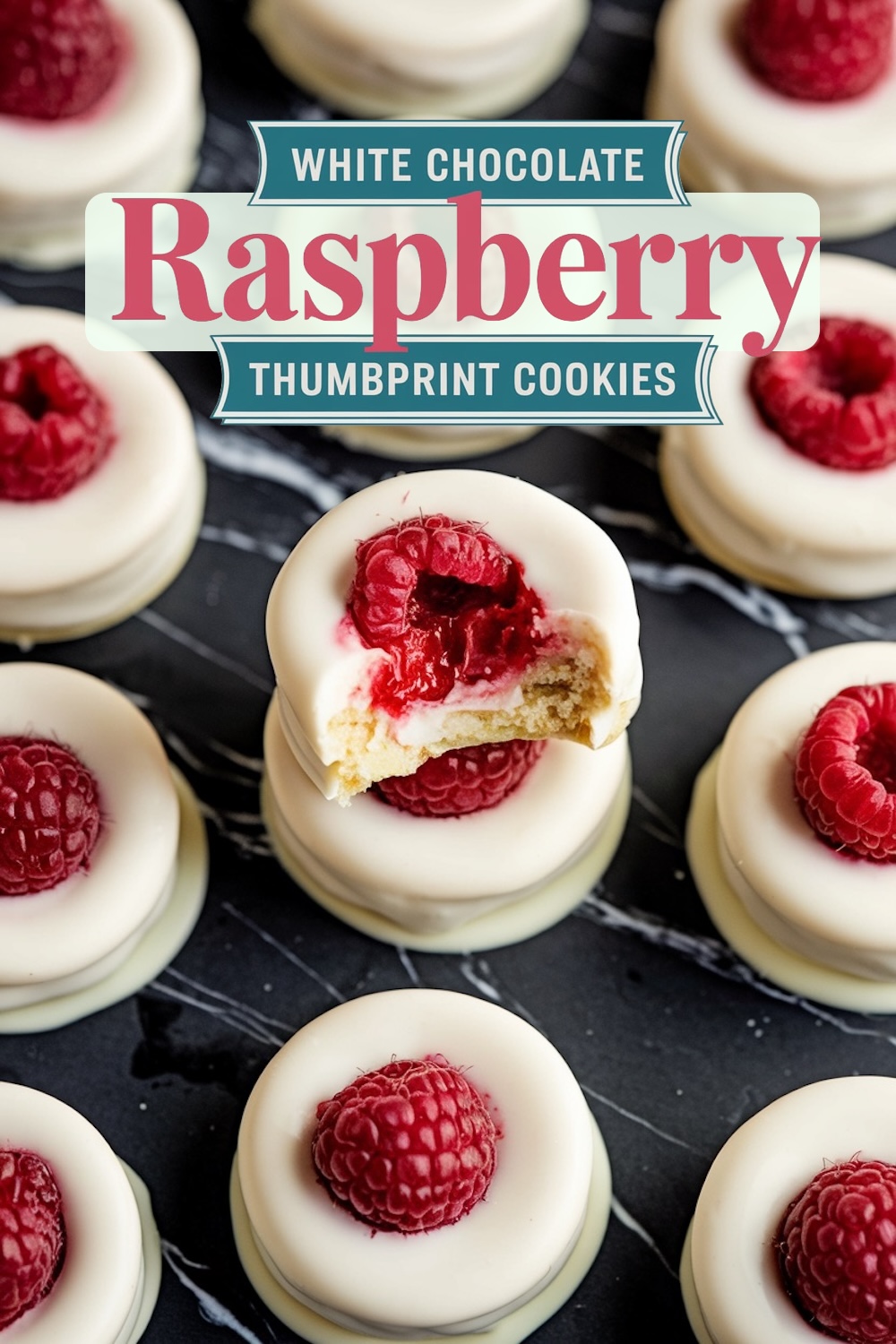 Close-up of white chocolate raspberry thumbprint cookies arranged on a black marble surface. The cookies are topped with fresh raspberries and coated in smooth white chocolate. One cookie has a bite taken out, revealing a soft, buttery interior.