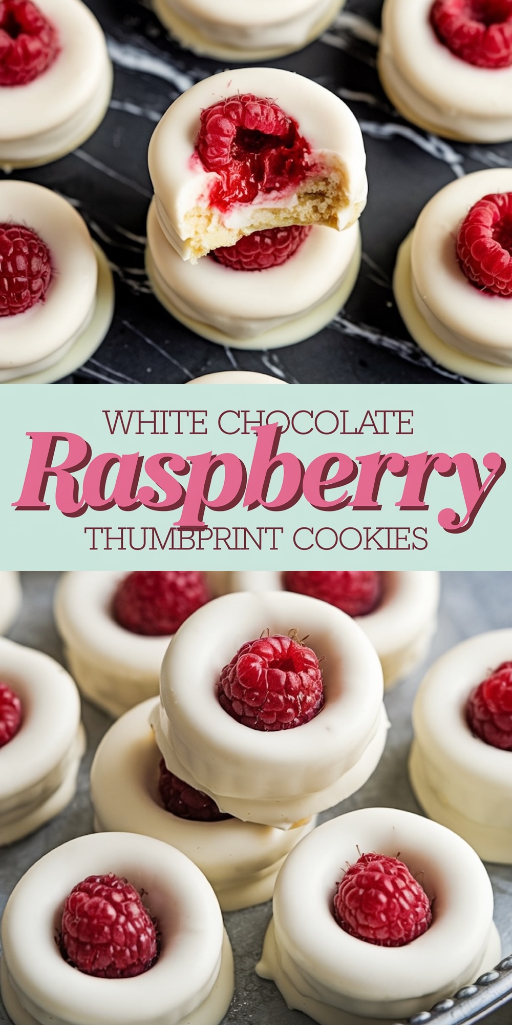 A vertical collage showcasing white chocolate raspberry thumbprint cookies. The top image features a bitten cookie revealing the soft filling, while the bottom image highlights a neat stack of cookies topped with vibrant raspberries.