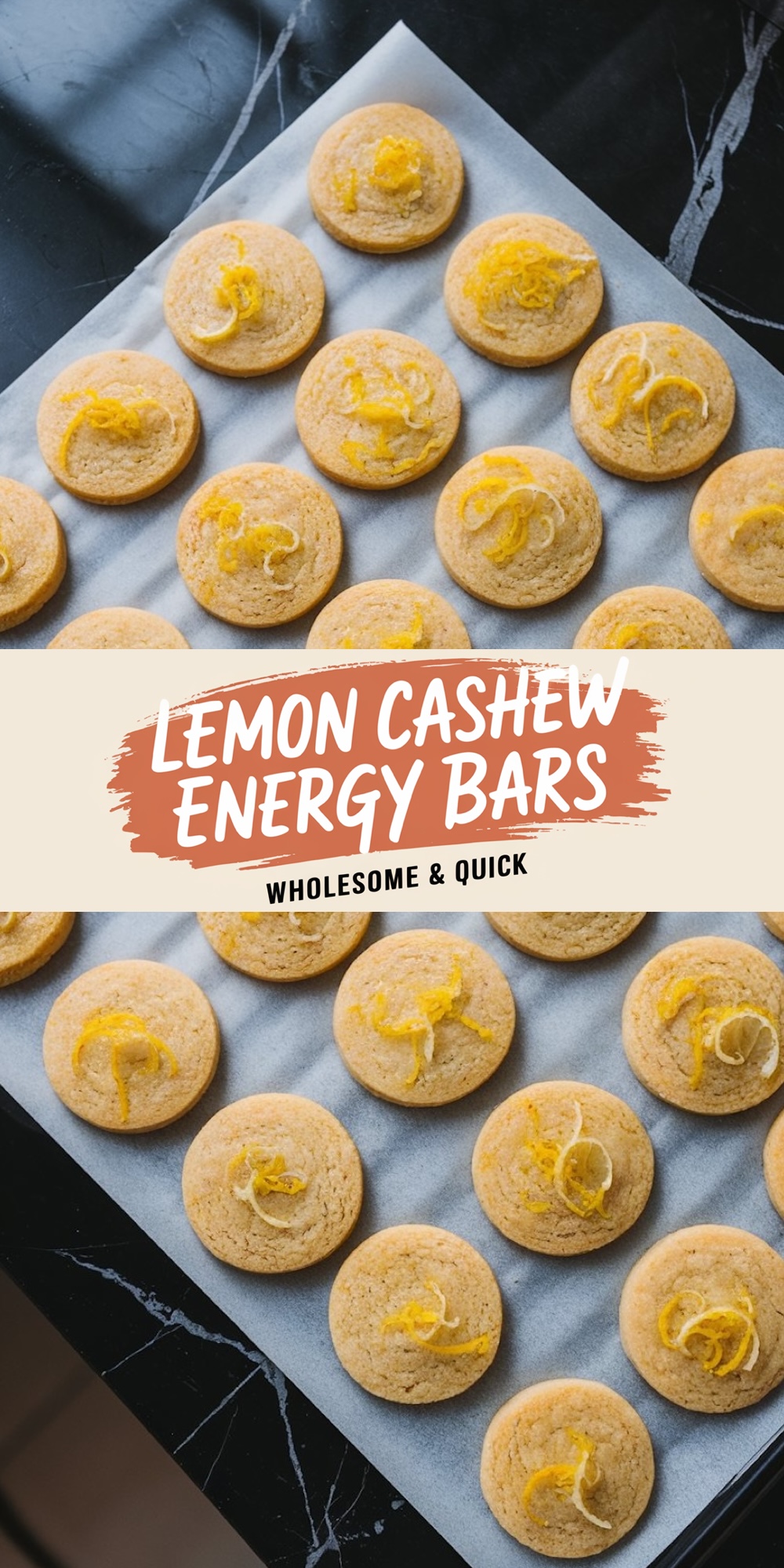 A baking tray filled with "Lemon Cashew Energy Bars" arranged neatly on parchment paper. Each cookie is topped with a vibrant swirl of lemon zest. The graphic overlay highlights the wholesome and quick snack theme.
