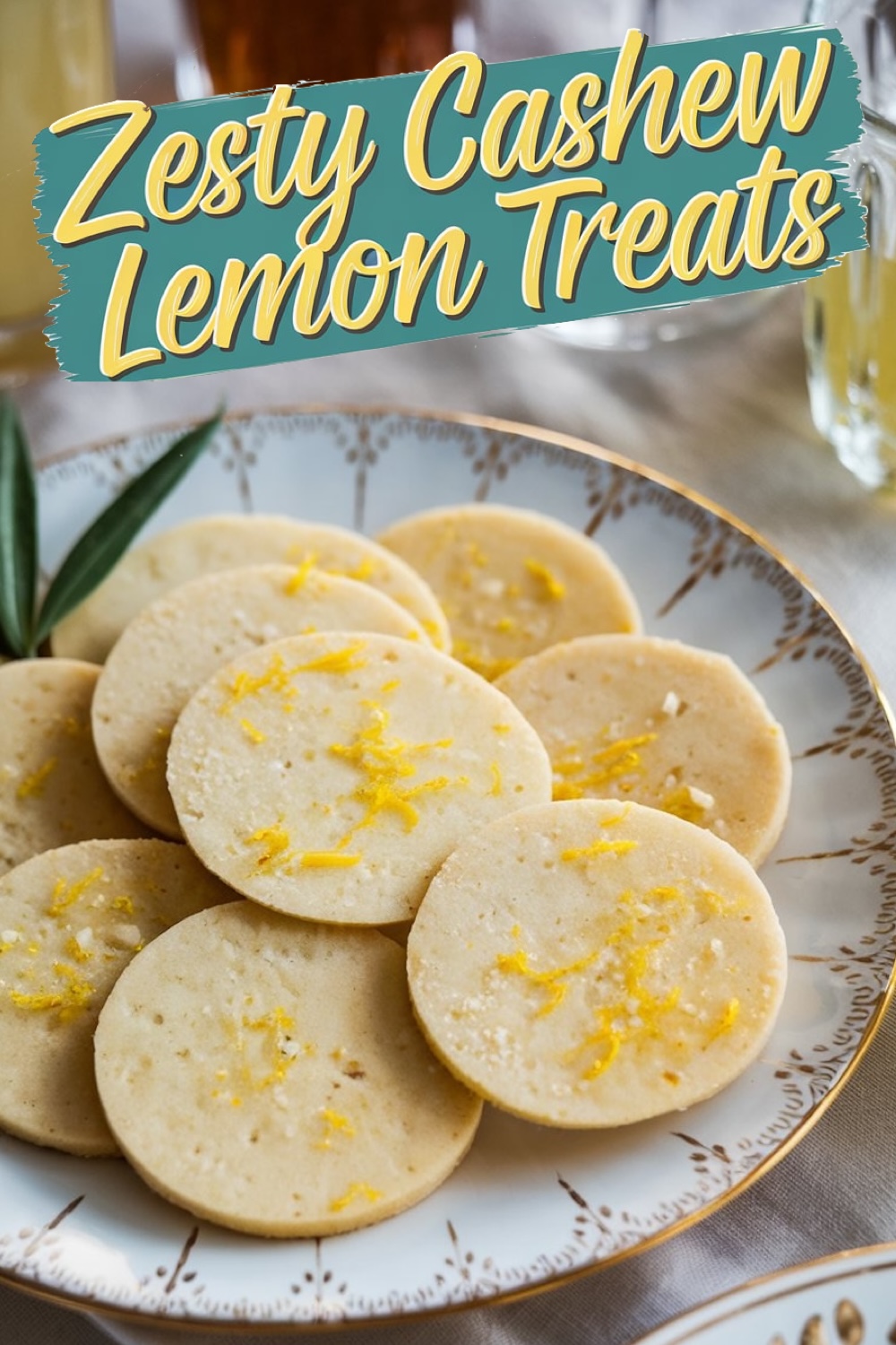 A close-up of "Zesty Cashew Lemon Treats," showcasing golden round cookies on a decorative porcelain plate, sprinkled with fresh lemon zest. The background includes soft lighting and blurred glasses of refreshing beverages.