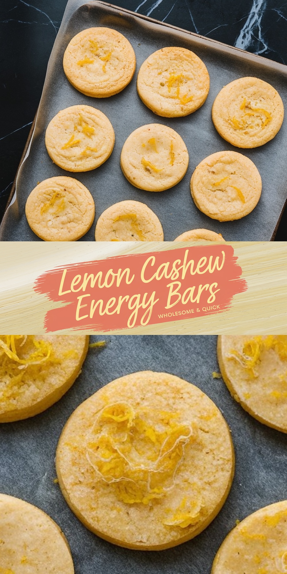 A baking tray with "Lemon Cashew Energy Bars," showcasing a fresh batch of golden cookies with scattered lemon zest. A graphic overlay adds a vibrant touch with the snack's name and description.
