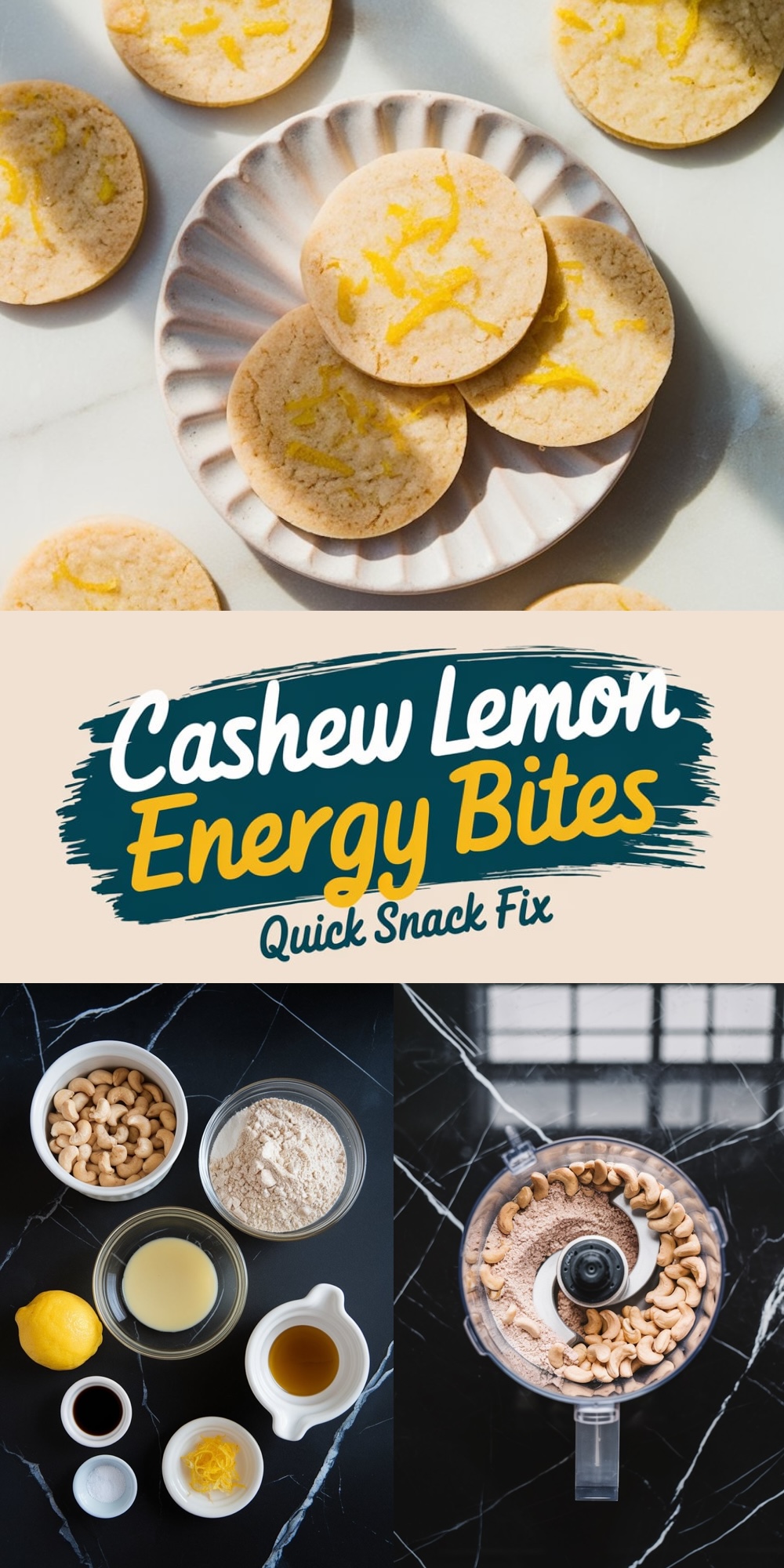 A collage featuring "Cashew Lemon Energy Bites" on a ridged white plate, surrounded by scattered cookies, paired with a flat lay of ingredients like cashews, lemon, flour, and a food processor in action, all placed on a black marble surface. A colorful banner emphasizes the snack's quick preparation.
