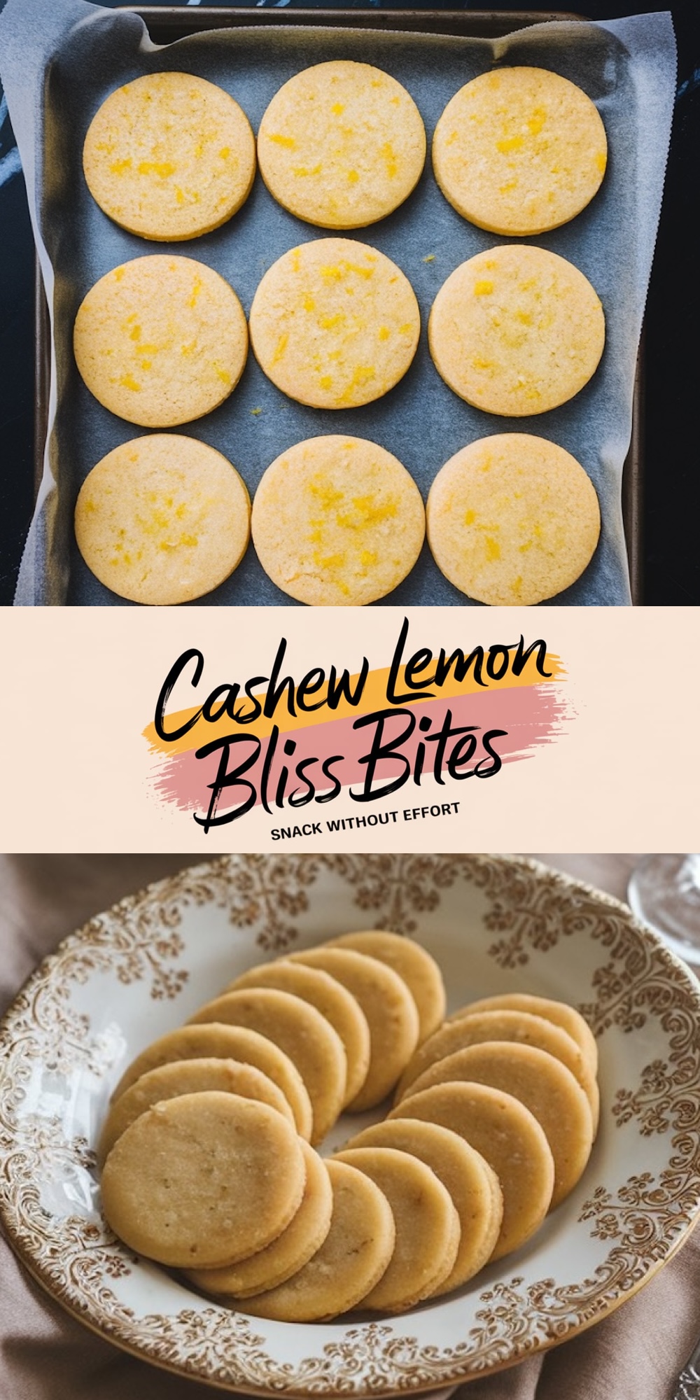 A collage for "Cashew Lemon Bliss Bites," combining a baking tray of neatly arranged cookies with a serving of stacked cookies on a floral-patterned plate, accompanied by a banner promoting effortless snacking.