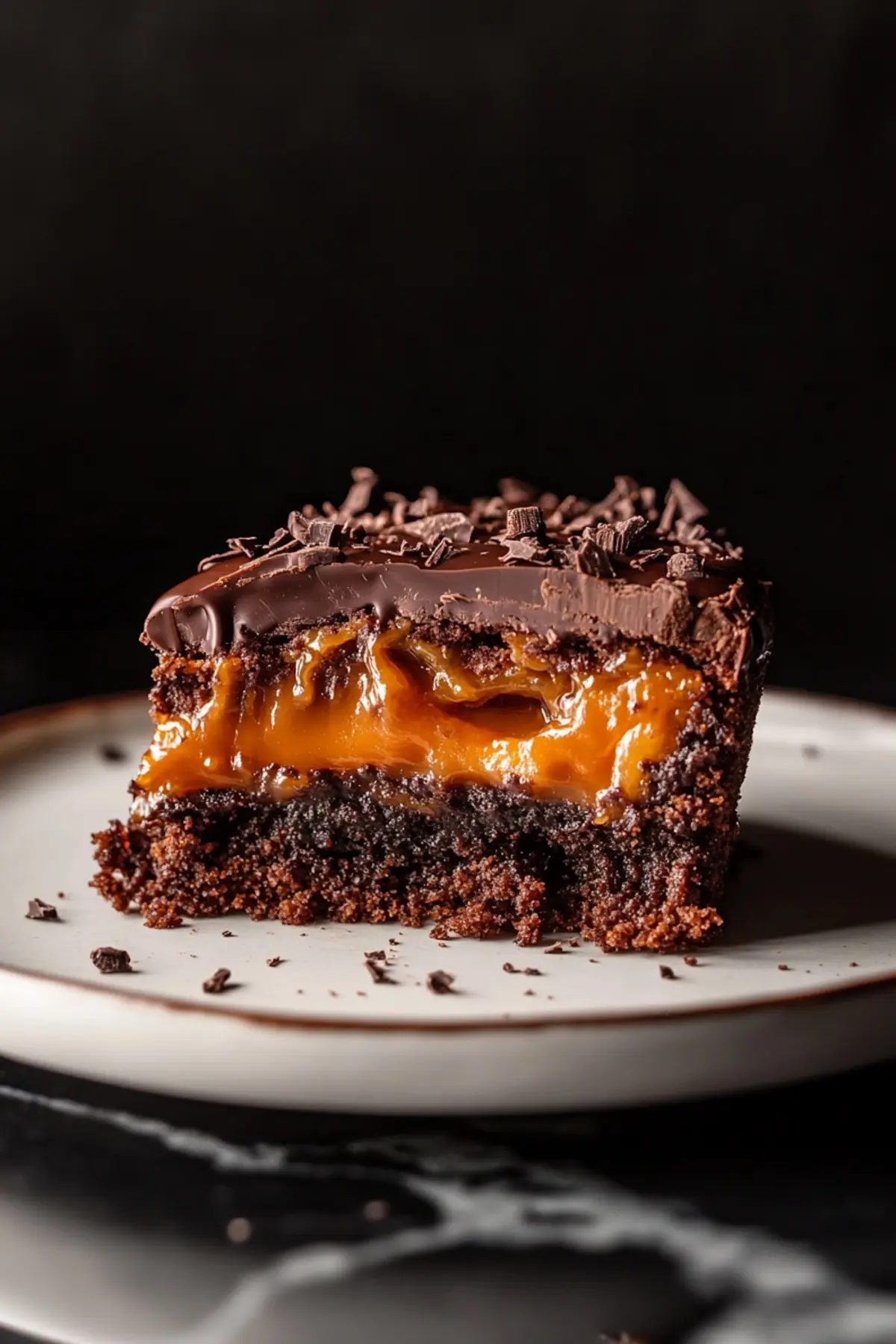Slice of chocolate caramel dump cake on a white plate, featuring moist chocolate cake, a thick layer of gooey caramel filling, and a smooth chocolate top sprinkled with chocolate shavings.