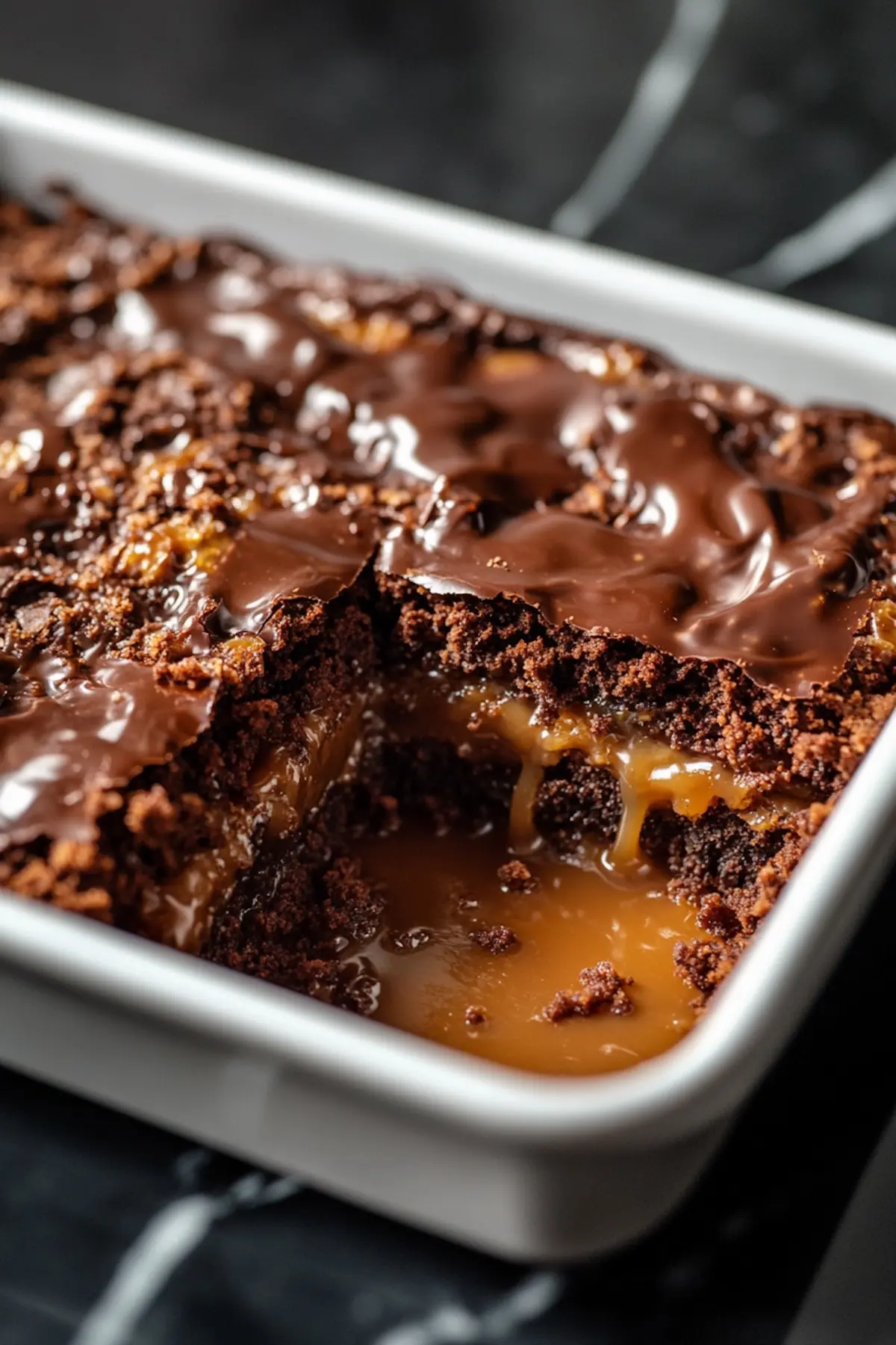 Close-up of a baked chocolate caramel dump cake in a white rectangular dish, showing rich chocolate cake layers with melted caramel oozing from the center and a glossy chocolate topping.