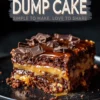 Close-up of a single slice of chocolate caramel dump cake on a black plate. The cake showcases rich layers of chocolate crumbs, gooey caramel, and chocolate chunks sprinkled on top. Text overlay says “Chocolate Caramel Dump Cake - Simple to Make, Love to Share.”