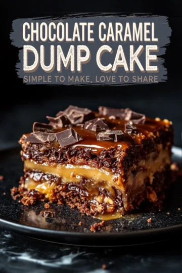 Close-up of a single slice of chocolate caramel dump cake on a black plate. The cake showcases rich layers of chocolate crumbs, gooey caramel, and chocolate chunks sprinkled on top. Text overlay says “Chocolate Caramel Dump Cake - Simple to Make, Love to Share.”