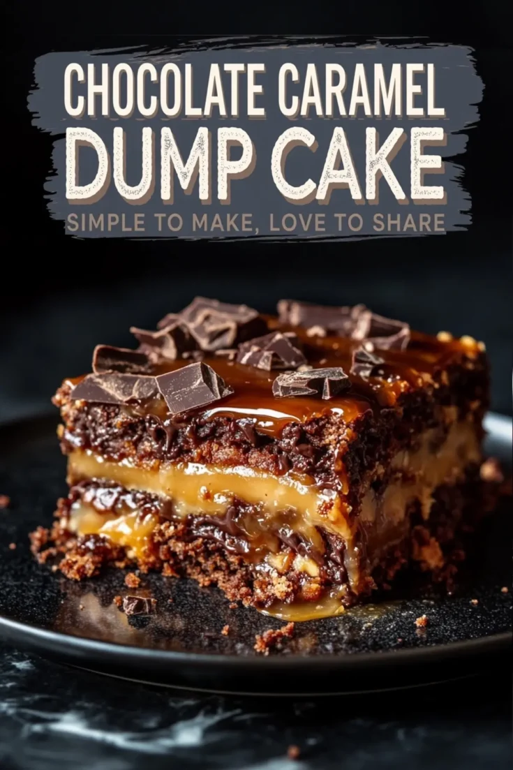 Close-up of a single slice of chocolate caramel dump cake on a black plate. The cake showcases rich layers of chocolate crumbs, gooey caramel, and chocolate chunks sprinkled on top. Text overlay says “Chocolate Caramel Dump Cake - Simple to Make, Love to Share.”