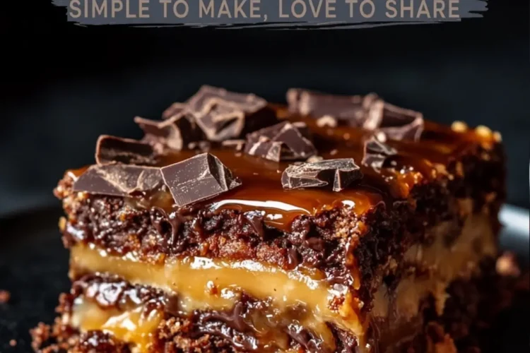 Close-up of a single slice of chocolate caramel dump cake on a black plate. The cake showcases rich layers of chocolate crumbs, gooey caramel, and chocolate chunks sprinkled on top. Text overlay says “Chocolate Caramel Dump Cake - Simple to Make, Love to Share.”