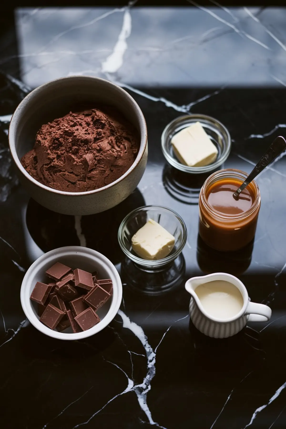 Flat lay of chocolate dump cake ingredients on a black marble surface. Includes chocolate chunks, caramel sauce in a jar with a spoon, butter in glass bowls, a jug of cream, and cocoa cake mix in a ceramic bowl.