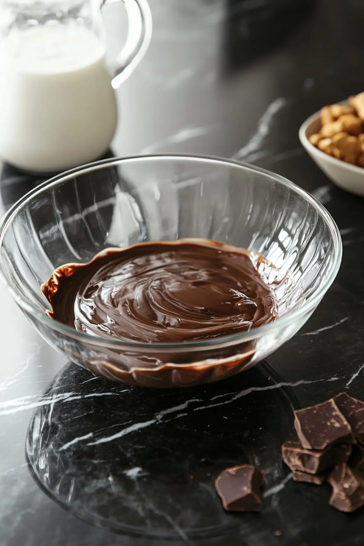 A glass bowl filled with smooth, melted chocolate sits on a marble countertop. In the background, a jug of milk and a bowl of nuts are slightly blurred, while chocolate chunks rest nearby, adding texture to the scene.