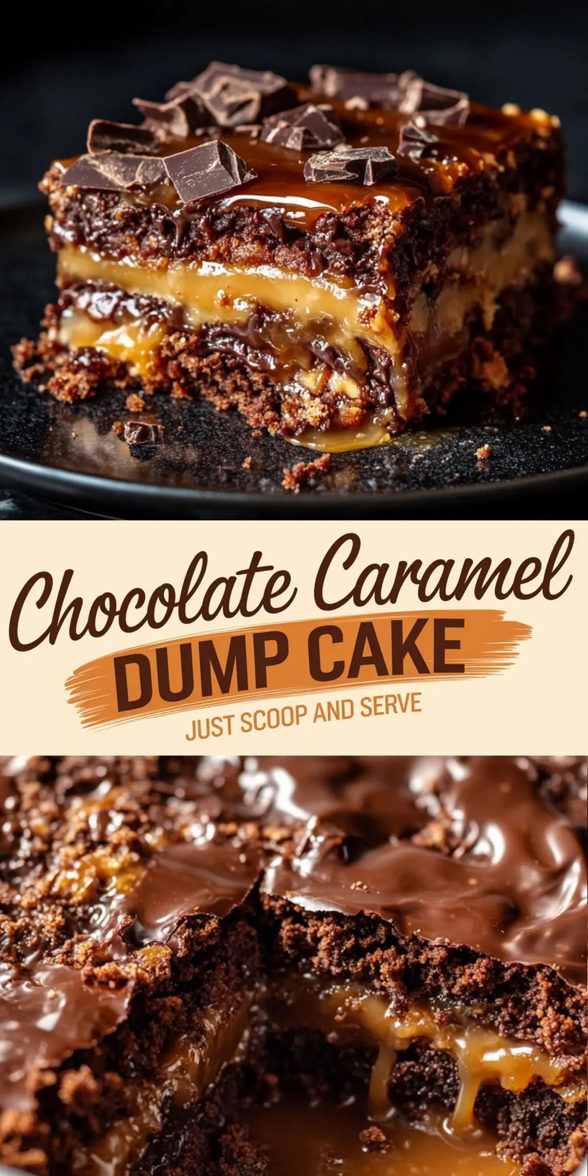 Close-up of a gooey chocolate caramel dump cake with rich caramel layers and chocolate chunks on top. The cake has a moist, crumbly chocolate base with melted caramel oozing between layers. Text overlay in bold letters reads “Chocolate Caramel Dump Cake - Just Scoop and Serve.”