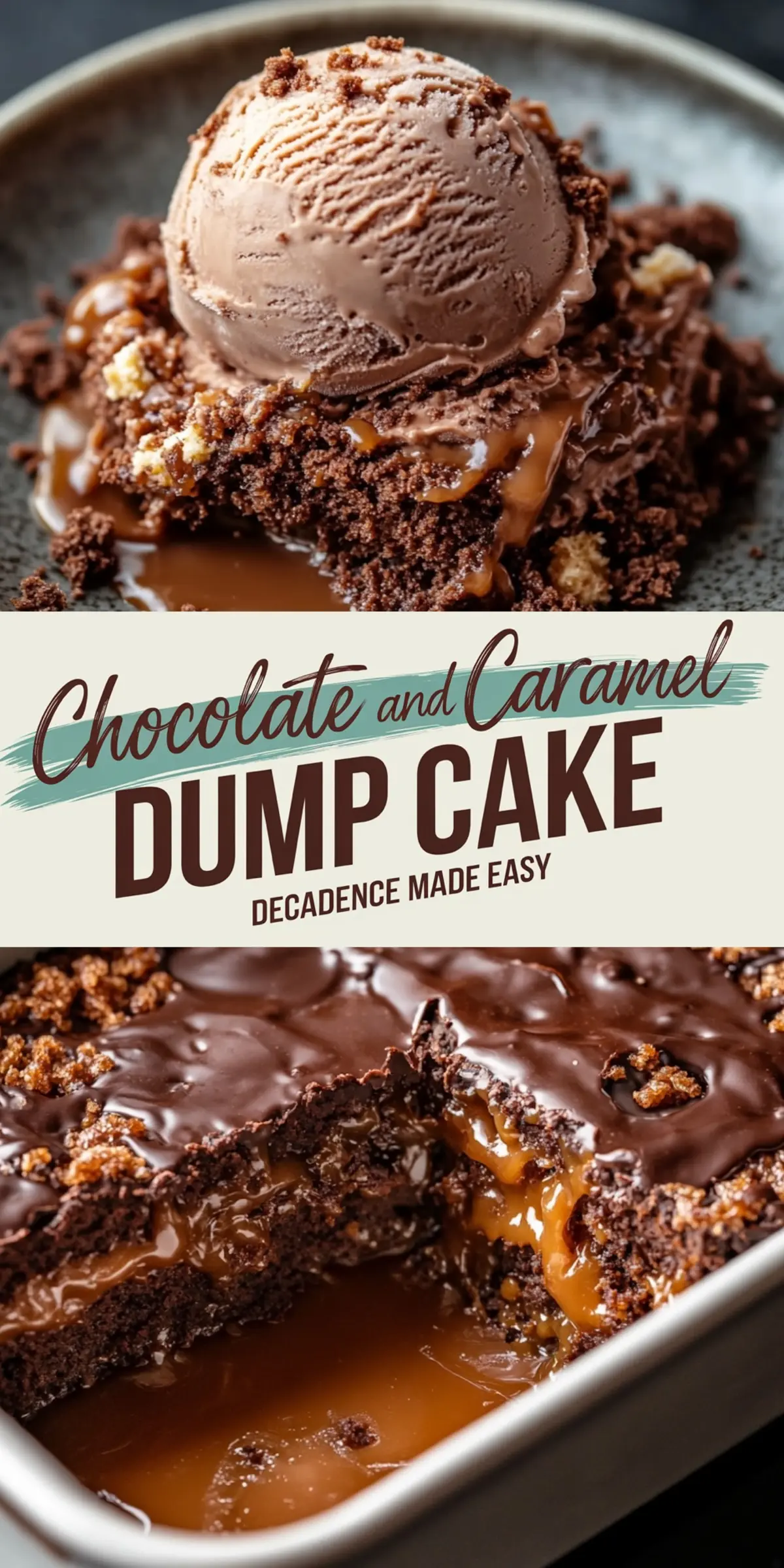 Chocolate caramel dump cake served with a scoop of chocolate ice cream melting on top. The lower half focuses on the gooey interior of the cake with thick caramel filling dripping from the rich chocolate layers. Text overlay reads “Chocolate and Caramel Dump Cake - Decadence Made Easy.”