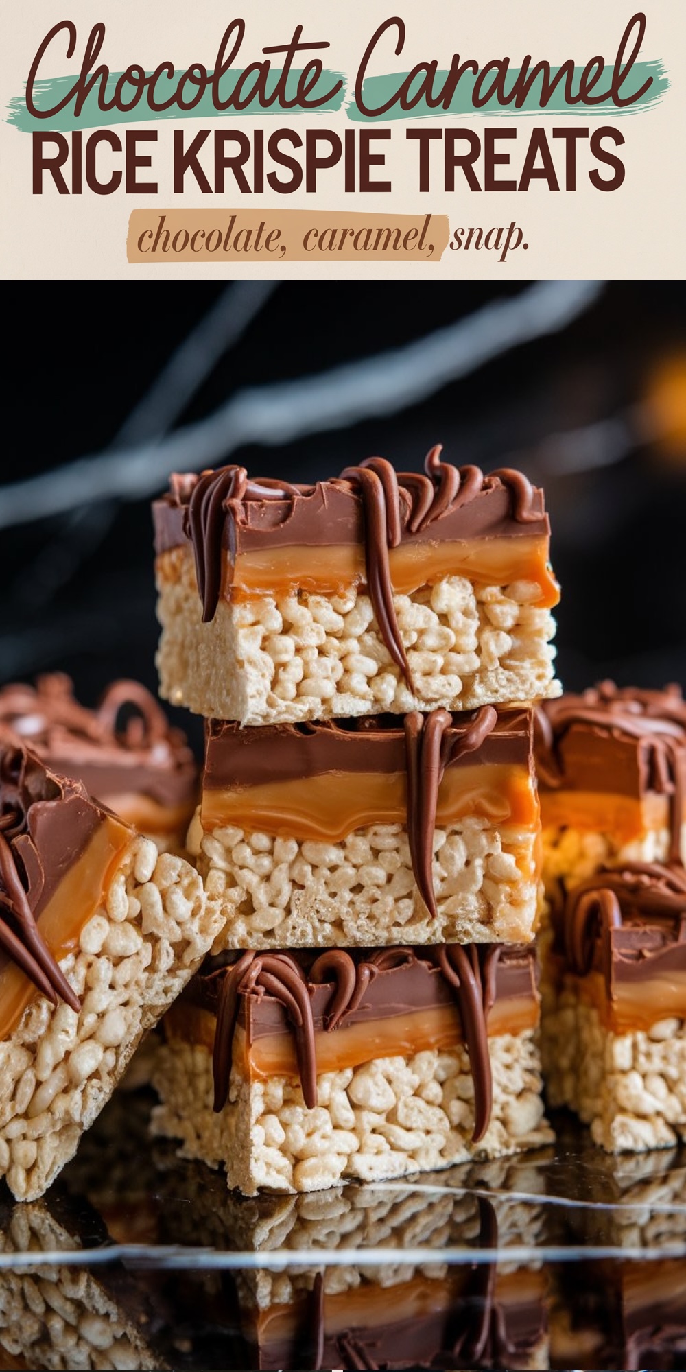 Chocolate caramel Rice Krispie treats arranged on a reflective surface. The shiny caramel and chocolate layers contrast against the crisp cereal, with the reflection creating an elegant presentation against the dark background.