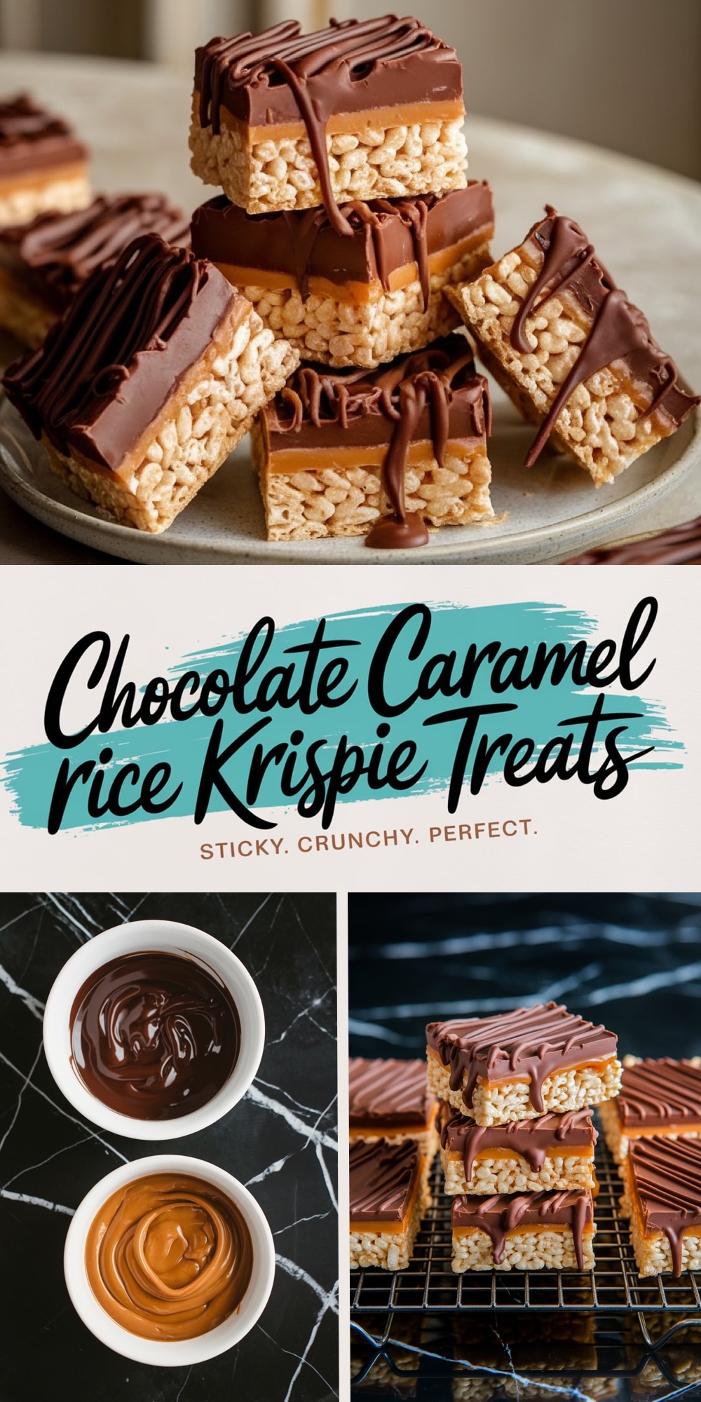  A collage of chocolate caramel Rice Krispie treats, including a plate with stacked treats and bowls of melted chocolate and caramel. Highlighting the preparation process and finished dessert. Keywords: Rice Krispie treat collage, caramel and chocolate bowls, dessert preparation, stacked treats.