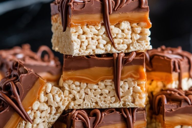 Stacked chocolate caramel Rice Krispie treats on a cooling rack, featuring glossy caramel and chocolate layers dripping slightly. Crisp rice cereal base adds contrast to the rich toppings. Keywords: stacked Rice Krispie treats, caramel chocolate layers, cooling rack, dessert close-up.