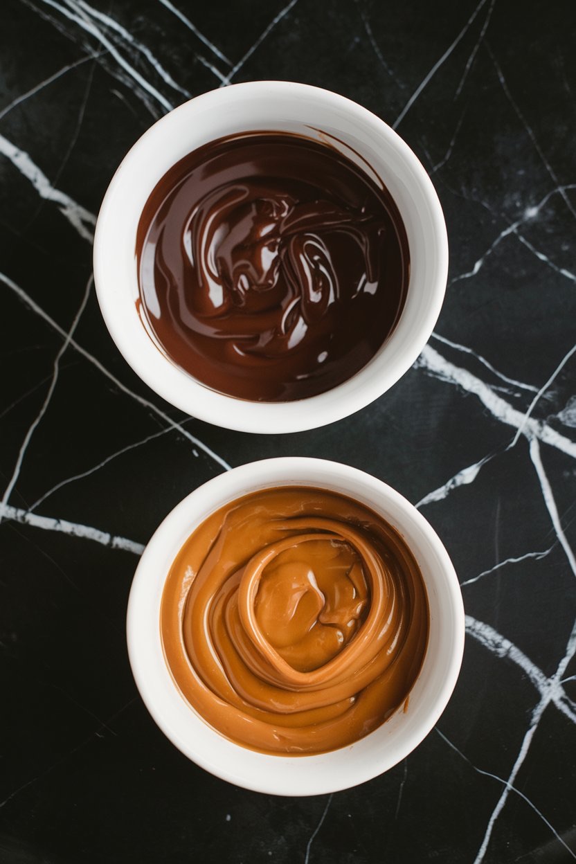 A close-up of two white bowls filled with melted chocolate and caramel, placed on a dark marble surface. The glossy textures of the chocolate and caramel swirl smoothly, creating a rich and indulgent visual contrast.