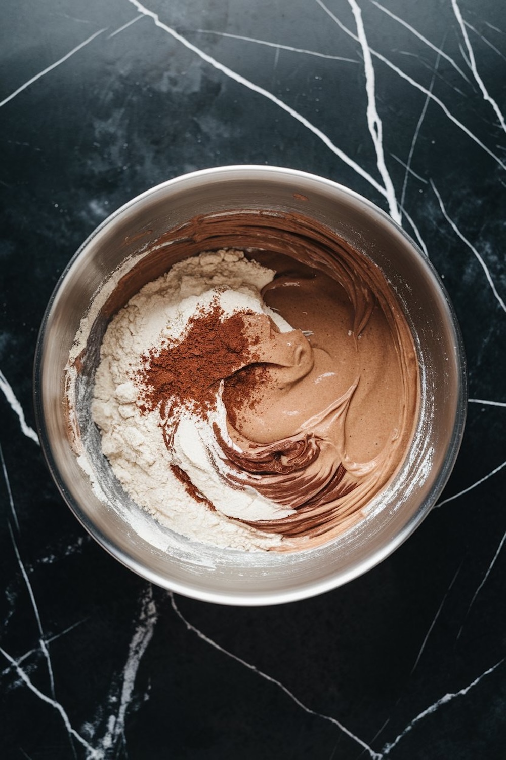 A stainless steel mixing bowl with chocolate cake batter being mixed. Swirls of smooth chocolate batter blend with flour and cocoa powder, creating a rich texture. The bowl rests on a black marble surface with white veining.