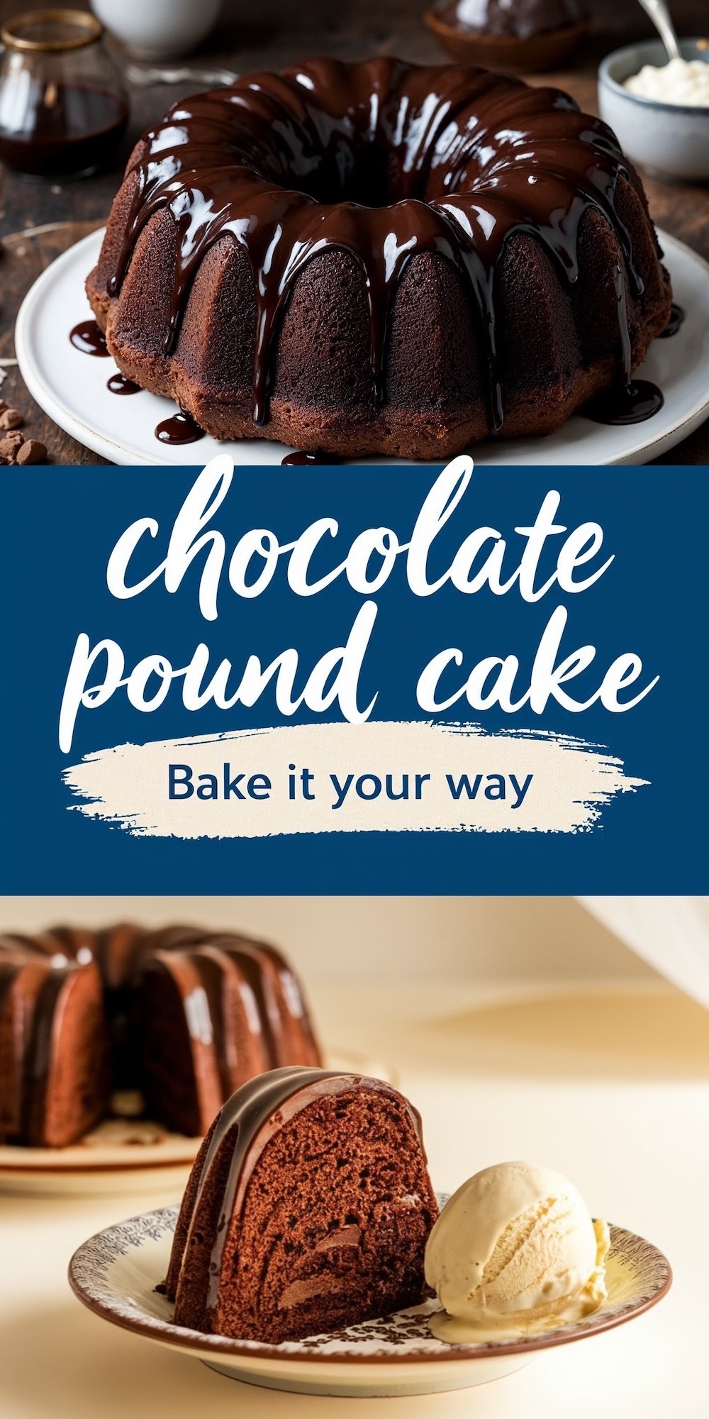 A two-part collage featuring a chocolate pound cake. The top image shows a whole Bundt-style chocolate cake drizzled with glossy chocolate glaze, displayed on a white plate with a rustic background. The bottom image highlights a plated slice of the cake, paired with a scoop of vanilla ice cream on a patterned plate. Text overlay reads “Chocolate Pound Cake - Bake it your way.”