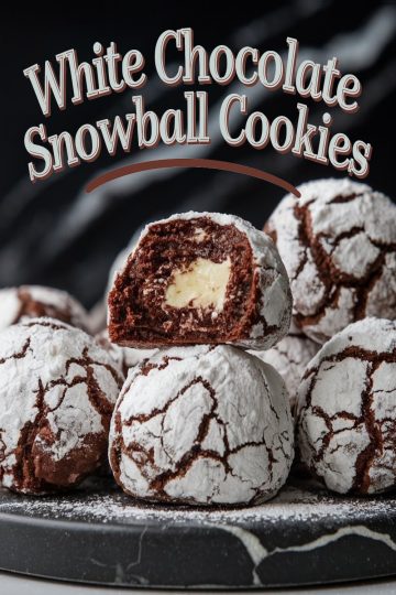 Close-up of white chocolate snowball cookies with powdered sugar coating and rich chocolate crinkle texture. One cookie is split open, revealing a creamy white chocolate center. The cookies are arranged on a black marble serving plate. Overlay text reads: “White Chocolate Snowball Cookies.”