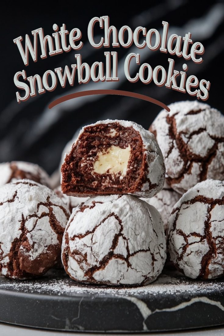 Close-up of white chocolate snowball cookies with powdered sugar coating and rich chocolate crinkle texture. One cookie is split open, revealing a creamy white chocolate center. The cookies are arranged on a black marble serving plate. Overlay text reads: “White Chocolate Snowball Cookies.”