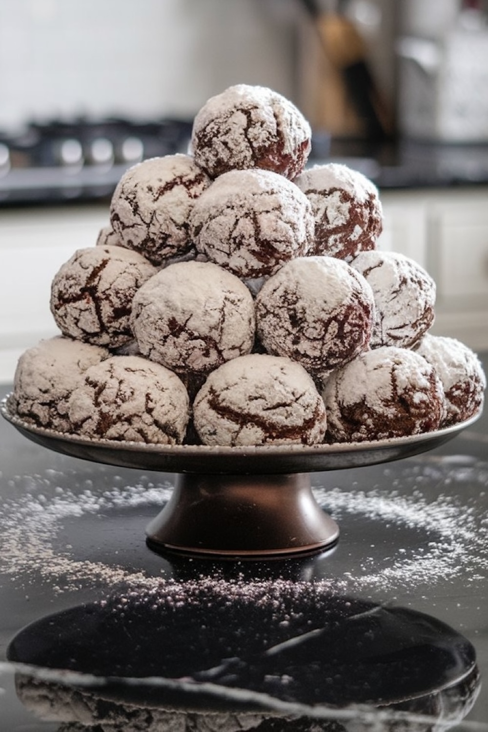 A tall display of chocolate crinkle cookies stacked in a pyramid shape on an elegant bronze cake stand. The cookies are coated in powdered sugar, giving them a crackled snow-like appearance.