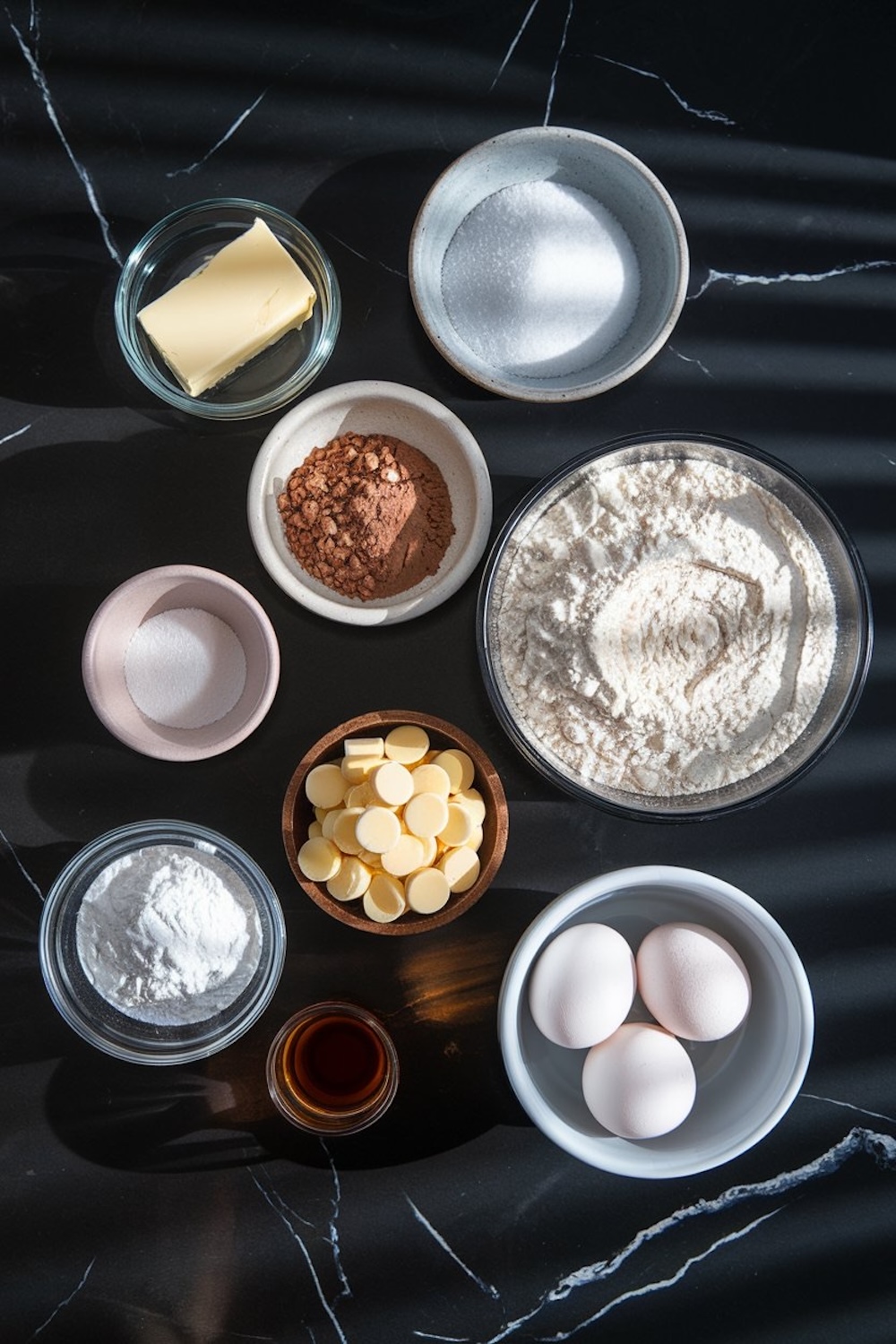 Overhead shot of white chocolate snowball cookie ingredients arranged on a black marble surface. Ingredients include butter, sugar, cocoa powder, flour, powdered sugar, white chocolate chips, eggs, vanilla extract, and baking powder.