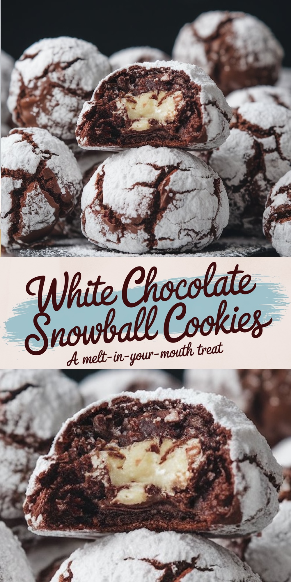 Top view showcases several chocolate snowball cookies dusted with powdered sugar, with one cookie split in half to display the gooey white chocolate filling. The bottom image zooms in on the interior of the cookie, highlighting the creamy texture. Overlay text reads: “White Chocolate Snowball Cookies - A Melt-In-Your-Mouth Treat.”