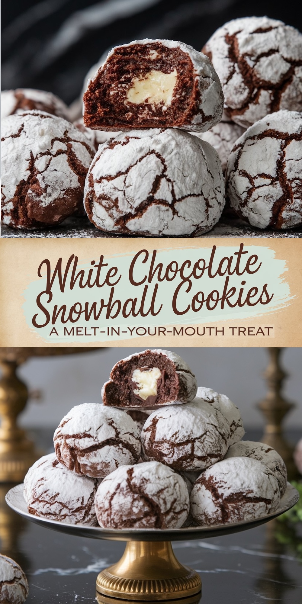 Top view features chocolate crinkle cookies dusted with powdered sugar and filled with creamy white chocolate, with one cookie split open showing its gooey center. The bottom view shows a golden cake stand stacked with chocolate snowball cookies. Overlay text reads: “White Chocolate Snowball Cookies - A Melt-In-Your-Mouth Treat.”