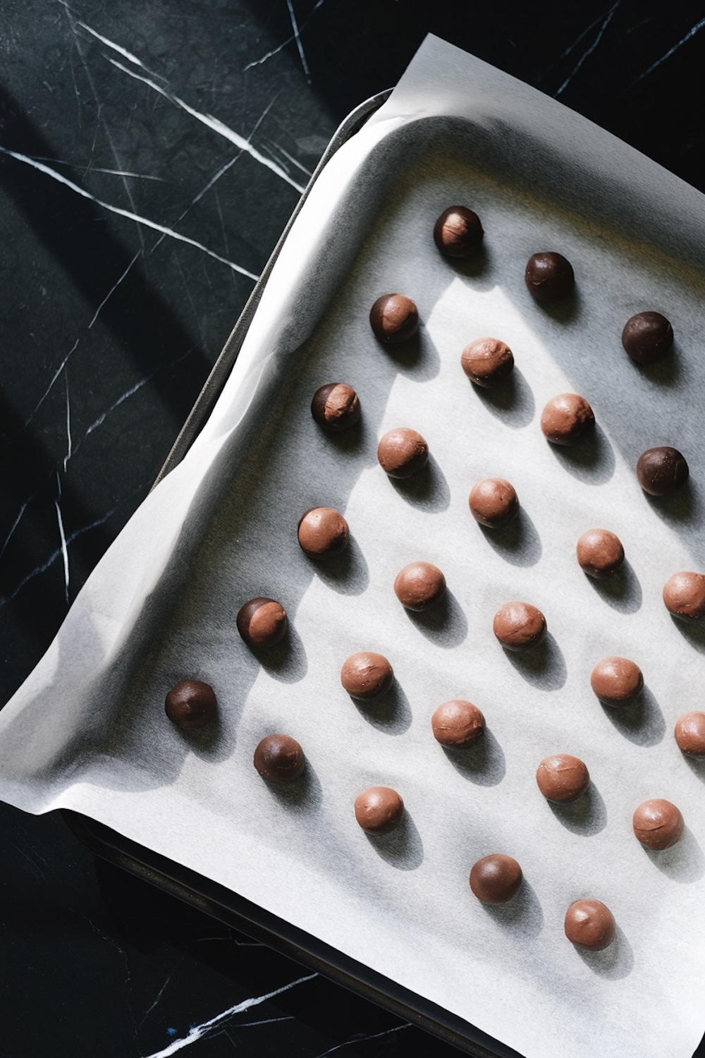 A baking tray lined with parchment paper holds neatly rolled chocolate dough balls, evenly spaced and ready to bake. Light shadows highlight the smooth, glossy dough.