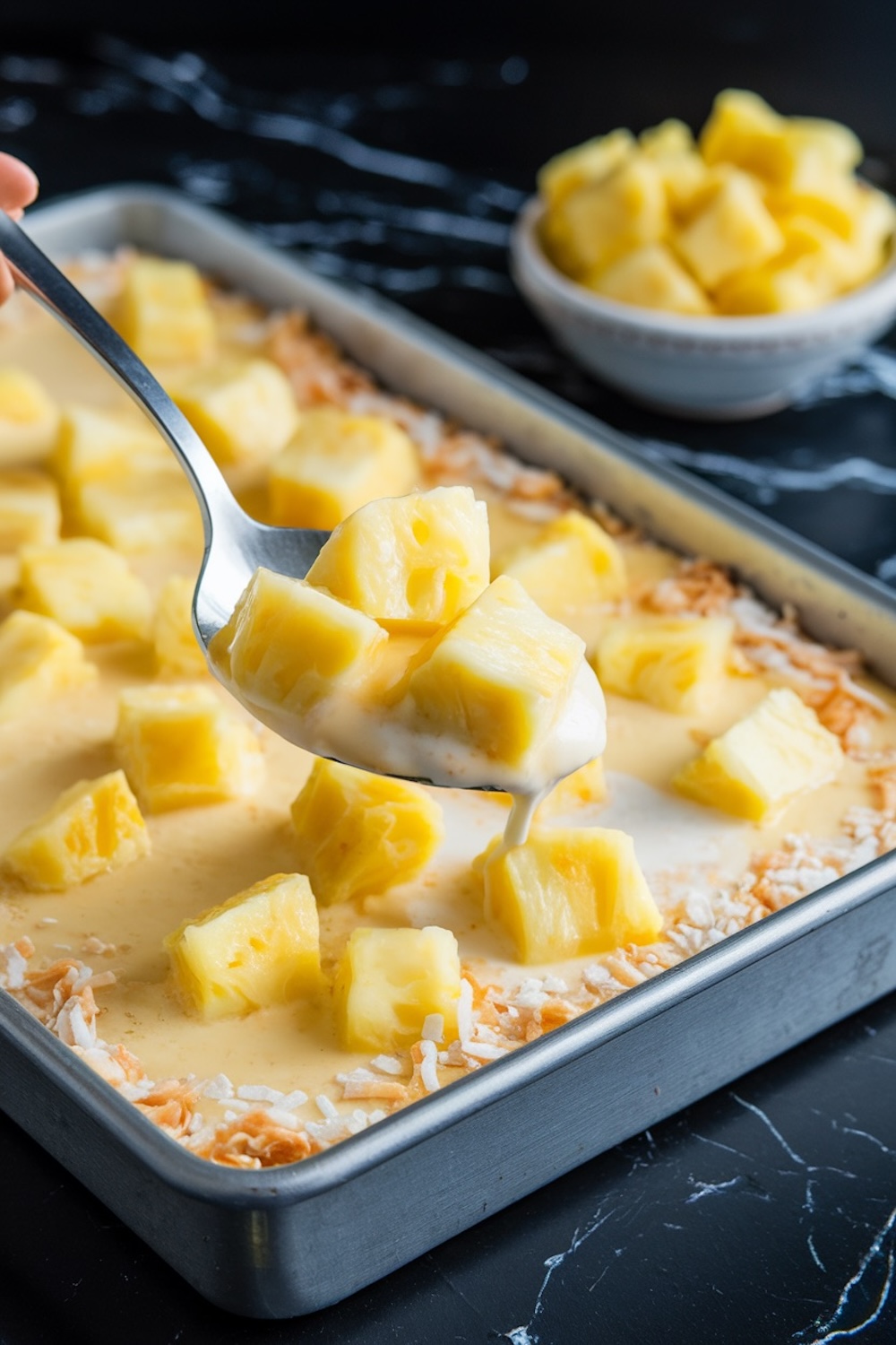 Close-up of a baking dish with fresh pineapple chunks and a creamy mixture, ready for baking. A spoon holds a serving of pineapple pieces, highlighting the cake’s tropical theme. A bowl of extra pineapple chunks sits in the background.