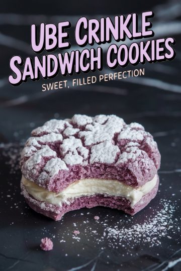 Close-up of an ube crinkle sandwich cookie with a bite taken out, showing the fluffy purple cookie layers and smooth white cream filling. The cookie is dusted with powdered sugar, and text overlay reads “Ube Crinkle Sandwich Cookies - Sweet, Filled Perfection.”