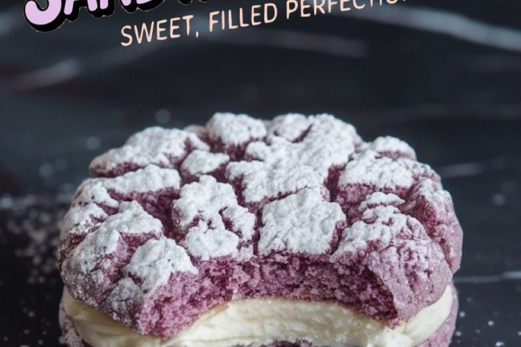 Close-up of an ube crinkle sandwich cookie with a bite taken out, showing the fluffy purple cookie layers and smooth white cream filling. The cookie is dusted with powdered sugar, and text overlay reads “Ube Crinkle Sandwich Cookies - Sweet, Filled Perfection.”
