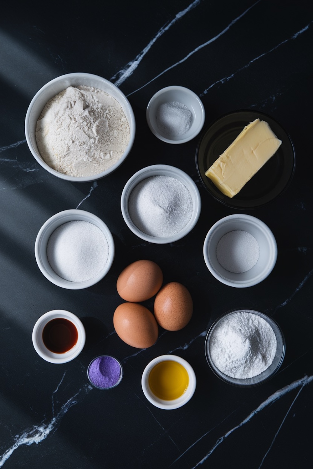 Flat lay of ingredients for making ube sandwich cookies on a black marble surface. Includes flour, sugar, butter, eggs, salt, vanilla extract, oil, and a small bowl of vibrant purple ube powder, neatly arranged in white bowls.