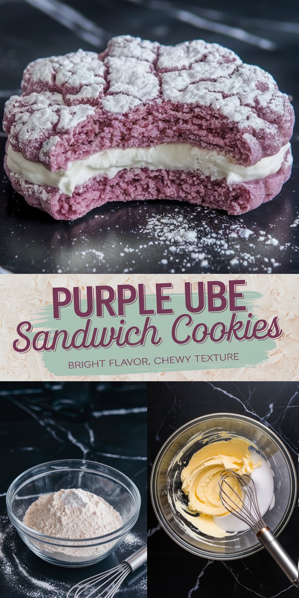 The top image highlights a cracked ube sandwich cookie with its chewy, purple exterior and creamy filling, dusted with powdered sugar. The bottom half features two preparation steps: flour in a glass bowl with a whisk, and creamy butter mixture being whipped in another glass bowl. Overlay text reads “Purple Ube Sandwich Cookies - Bright Flavor, Chewy Texture.”