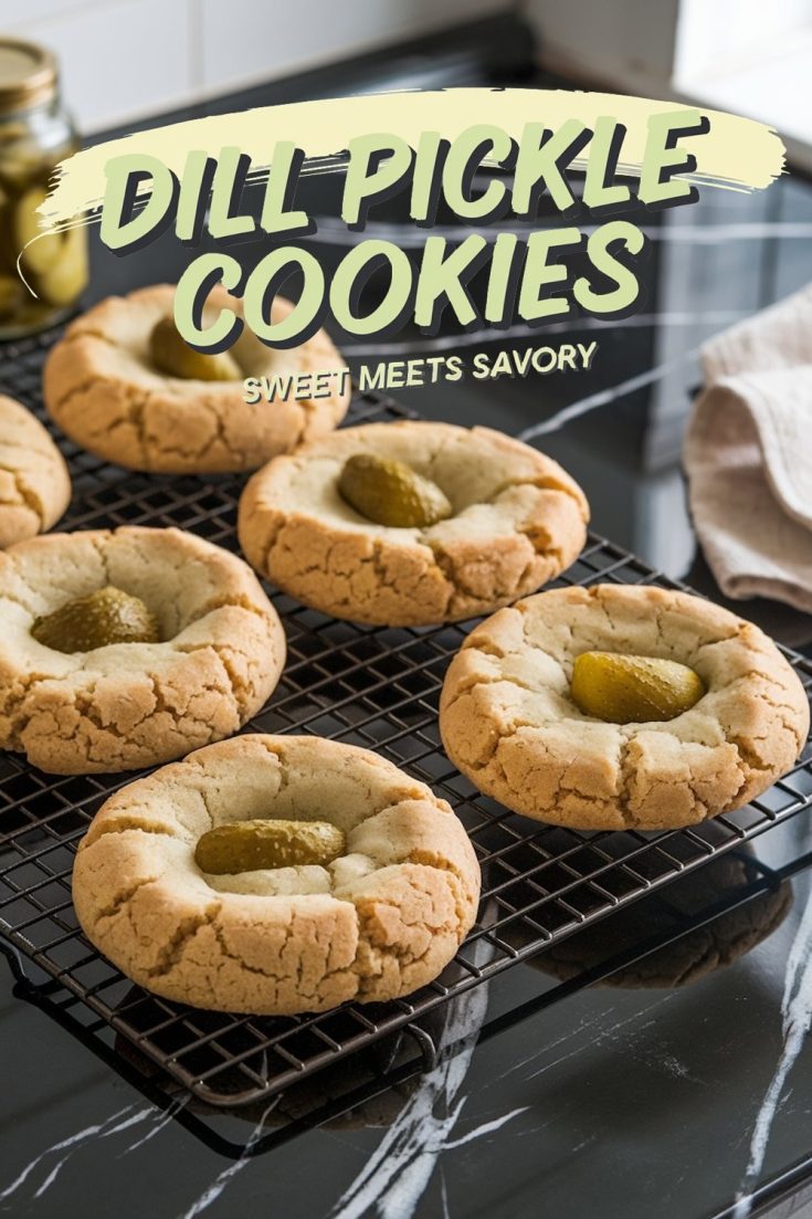 Freshly baked dill pickle cookies cooling on a wire rack. The cookies have a soft, golden exterior with slight cracks and are topped with green pickle slices. In the background, a jar of pickles and a folded kitchen towel complete the scene.
