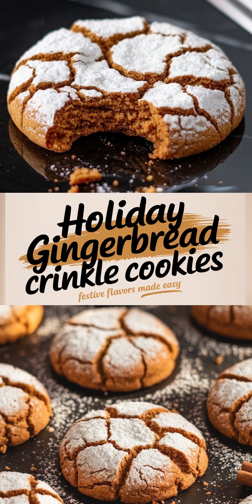 Holiday gingerbread crinkle cookies with cracked surfaces dusted in powdered sugar. The top image highlights a close-up of a single cookie with a bite taken out, showing its soft, spiced interior. The bottom displays multiple cookies arranged on a dark surface with powdered sugar scattered around. Overlay text reads “Holiday Gingerbread Crinkle Cookies - Festive Flavors Made Easy.”