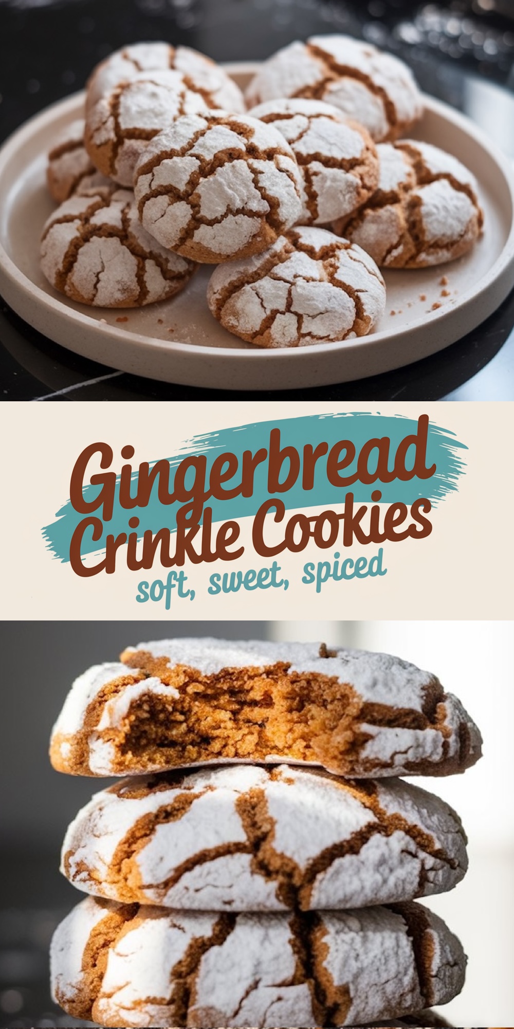 A plate of gingerbread crinkle cookies piled high, featuring golden-brown cracked surfaces dusted with powdered sugar. The bottom image shows a stack of three cookies with the top one partially bitten, revealing a soft, chewy interior. Overlay text reads “Gingerbread Crinkle Cookies - Soft, Sweet, Spiced.”