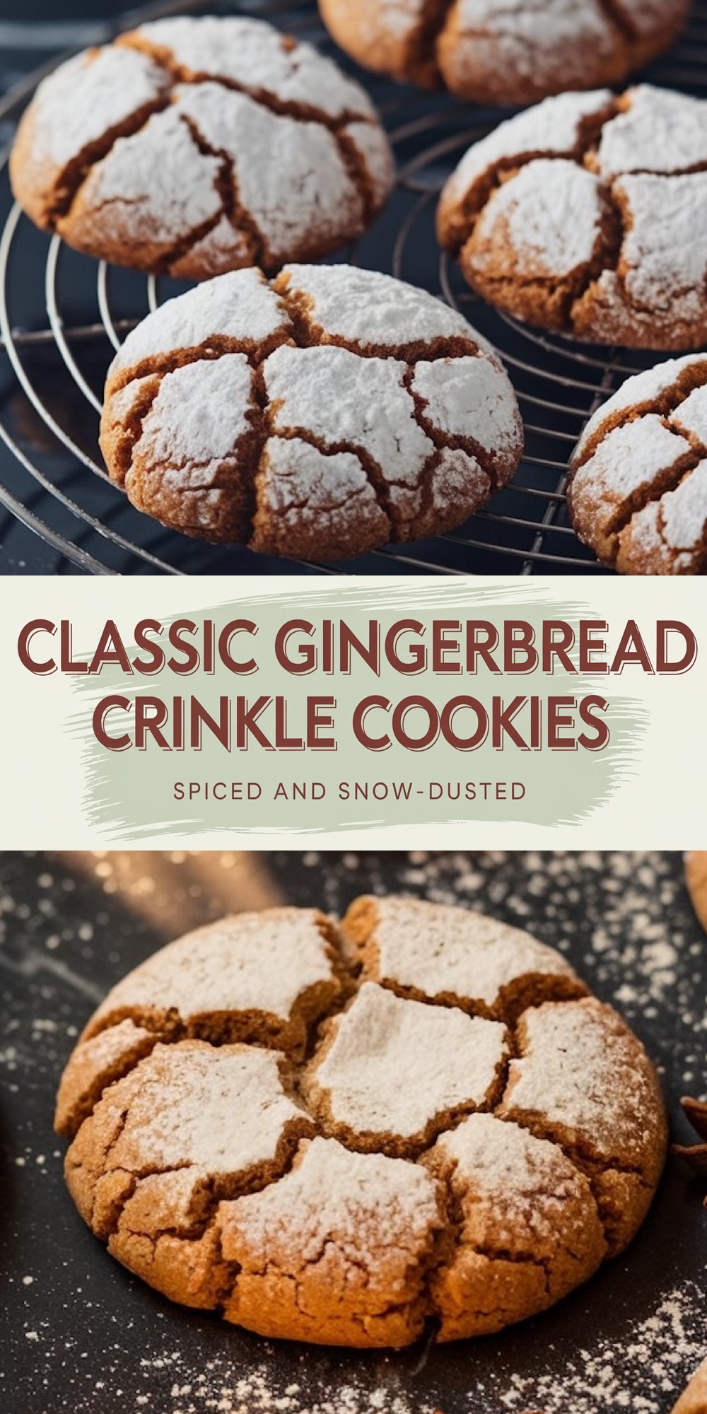 Classic gingerbread crinkle cookies. The top image displays cookies cooling on a wire rack, while the bottom highlights a single cookie on a dark surface with powdered sugar scattered around. Overlay text reads “Classic Gingerbread Crinkle Cookies - Spiced and Snow-Dusted.”
