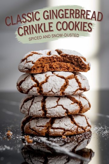 Classic gingerbread crinkle cookies. The top image displays cookies cooling on a wire rack, while the bottom highlights a single cookie on a dark surface with powdered sugar scattered around. Overlay text reads “Classic Gingerbread Crinkle Cookies - Spiced and Snow-Dusted.”